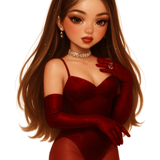 honey brown eyes and light honey highlights in hair, luxury glossy bratz anime-romantic aesthetic, warm cinematic glow, crisp clean detail, glossy glam skin. petite girl, soft-autumn tone, fair skin, honey-brown almond eyes, soft freckles, round moderate bust, chubby upper arms, sweet Belle-princess vibe, long brunette honey balayage hair with visible light blonde highlights, straight sleek with rhinestones with face pieces, crimson velvet bodysuit, sheer red tights, patent cherry knee boots and matching opera gloves; velvet smoky eye, berry-blur lip, stage-shine highlight; crystal choker + bold gem ring, pop-princess energy, shimmer highlight, sparkly glow