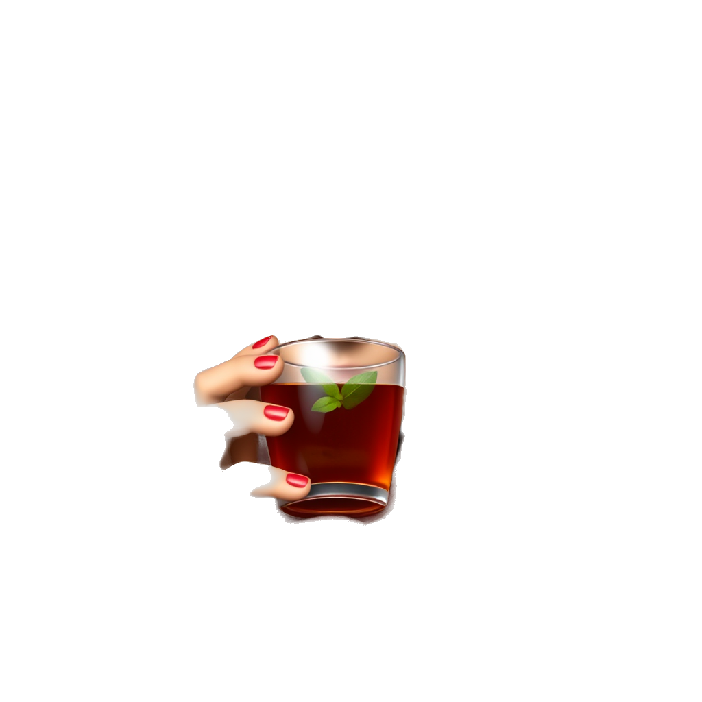 Tan Woman with black hair in half and dark green eyes wear dusty pink and brown Burberry scarf around her hair and drinking a red tea with mint with red nails