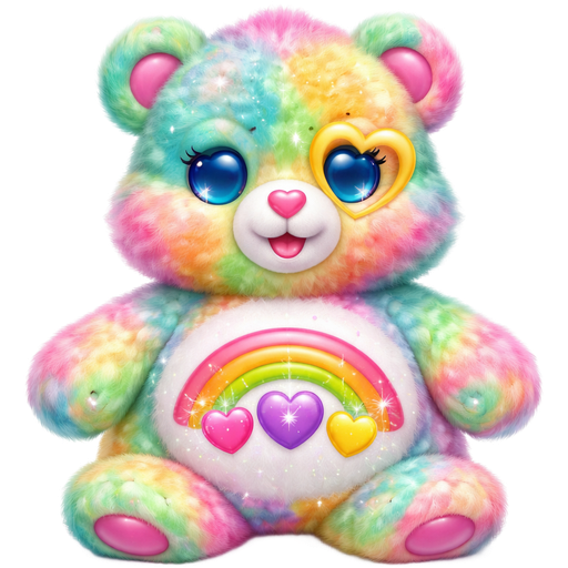 Good Vibes Care Bear with a Seafoam Green, Pink, and Yellow Intense Volcanic Lava Lamp effect Mixed Pattern Fur with a Pink Heart and Yellow outline the Left eye and a Yellow Bear with Blue Heart eyes and Mouth and Pink on the inside of the ears and a Green, Orange, and Pink 3- Part Rainbow underneath it going upwards with Pink, Purple and Yellow Hearts Surrounding it on the Stomach and a Pink Heart Nose