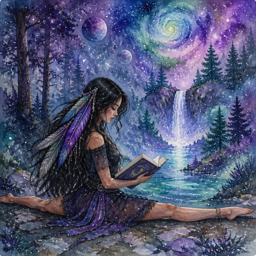 Have a girl with long black hair reading a book in a forest but the forest is in a galaxy she is doing a left split she has purple blue green and grey feathers in her hair she can see a beautiful water fall in the distance