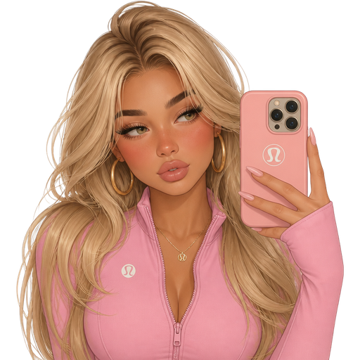 Person girl with blonde hair with volume with blush, hazel eyes, eyelashes, baddie, lips, hoop, earrings, pink phone, case wearing a Lululemon pink jacket