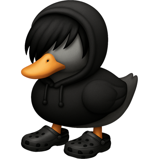 Grey duck with light orange beak and flippers a black emo hoodie with the hood up and black crocs and black hair covering its eyes