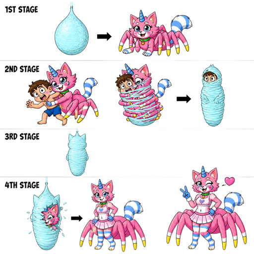 cartoon network life cycle of anthro femboy pink cat drider with blue and white tail white wrists blue hands white ankles yellow tips on spider legs green collar blue unicorn horn wearing femboy clothing based on unikitty metamorphosis transformation 1st stage #B8FFFF spider eggsac 2nd stage pink spider cat hybrid next to 1 pink spider cat hybrid latching on a kid in blue shorts and 2 wrapping around kid in blue shorts whole body and head with #B8FFFF silk webbing 3rd stage cocoon wrapped up and mummified fully covered in a #B8FFFF spider slik cocoon shaped like anthro femboy cat anthro behind back with #B8FFFF spider slik wrappings completely covered with thick layers non-transparent #B8FFFF spider slik wrappings hanging on #B8FFFF slik wrappings 4th stage adult 1 anthro femboy pink cat drider with blue and white tail white wrists blue hands white ankles yellow tips on spider legs green collar blue unicorn horn wearing femboy clothing based on unikitty emerges from its wrapped up and mummified fully covered in a #B8FFFF spider slik cocoon shaped like anthro femboy cat anthro arms behind back with #B8FFFF spider slik wrappings completely covered with thick layers non-transparent #B8FFFF spider slik wrappings hanging on #B8FFFF slik wrappings 2 anthro femboy pink cat drider with blue and white tail white wrists blue hands white ankles yellow tips on spider legs green collar blue unicorn horn wearing femboy clothing based on unikitty with a heart briefly appears