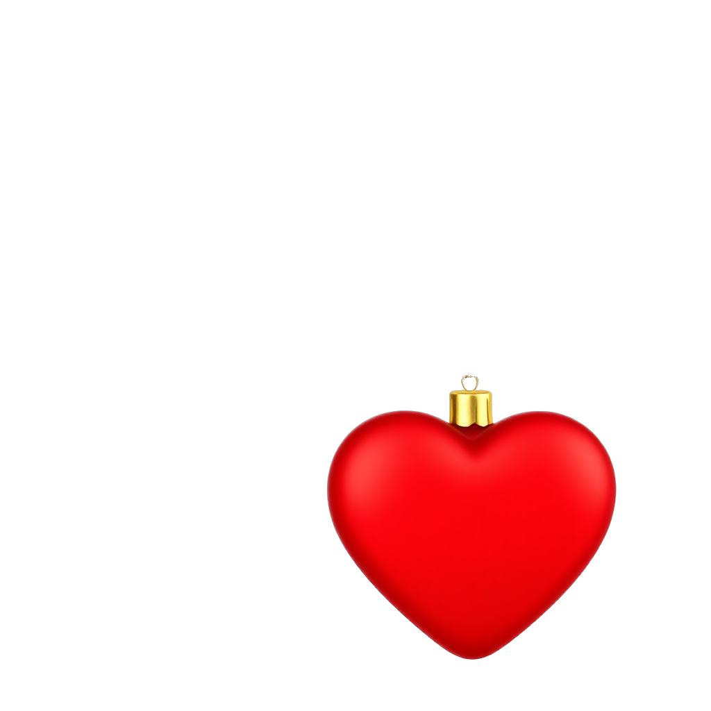 A pine needled branch of a Christmas tree is visible, and hanging from that branch is one ornament that is a big red heart