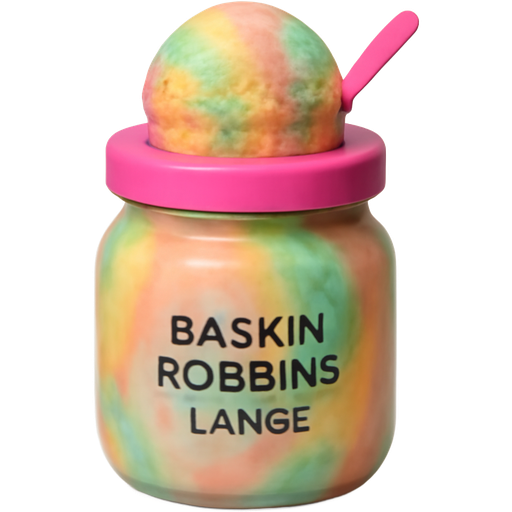 ᴀ ᴏғ ʟᴀɴɢᴇ there needs to be a pink lid on top and a rainbow sherbet ice cream scoop on top of the lid right down the middle. There is a teeny tiny pink spoon. and the jar needs to be rainbow sherbet color, and it needs to say ʙᴀsᴋɪɴ-ʀᴏʙʙɪɴs ʟᴀɴɢᴇ