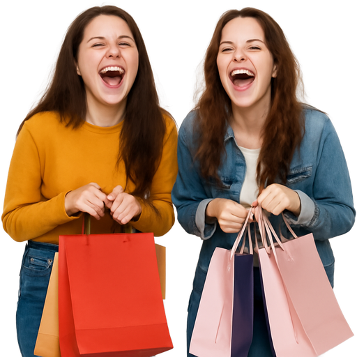 2 girls standing next to each other laughing with shopping bags and brown hair white sking they look crazy but funny they look real