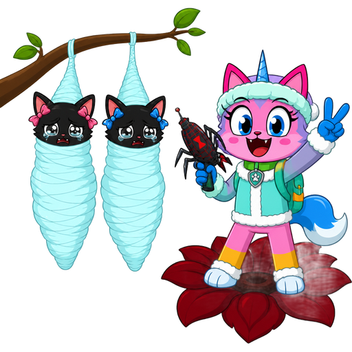 wrapped up and mummified fully covered in a #B8FFFF spider slik cocoon shaped like anthro black cat female anthro two pink hair bows whimpering teary eyes with arms behind back with #B8FFFF spider slik wrappings completely covered with thick layers non-transparent #B8FFFF spider slik wrappings hanged to the branch on the left side next to wrapped up and mummified fully covered in a #B8FFFF spider slik cocoon shaped like anthro black cat girl female anthro with 2 blue hair bows whimpering teary eyes arms behind back with #B8FFFF spider slik wrappings completely covered with thick layers non-transparent #B8FFFF spider slik wrappings hanged to the branch on the the right side next to happy pink cat anthro furry boy with blue and white tail white wrists blue hands white ankles yellow socks green collar blue unicorn horn based on unikitty wearing everest's hat and everest's clothing with everest's backpack doing victory sign holding raygun shaped like black widow spider sitting on a dark red flower