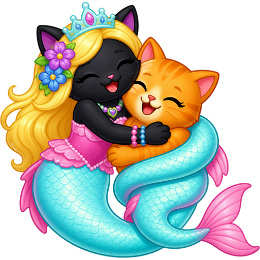 black cat with light yellow hair purple and blue flowers light cyan crown purple and green necklace pink and blue bracelets pink dress attached to long light cyan mermaid tail with pink fins wrapping around orange cat happy tightly with long cyan mermaid tail with pink tail fins like a snake