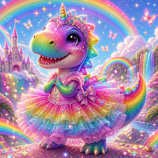 Make me a dinosaur with rainbow, unicorn sparkles, make it have rainbows and make it wear a big tutu and a dress and a beautiful little smile