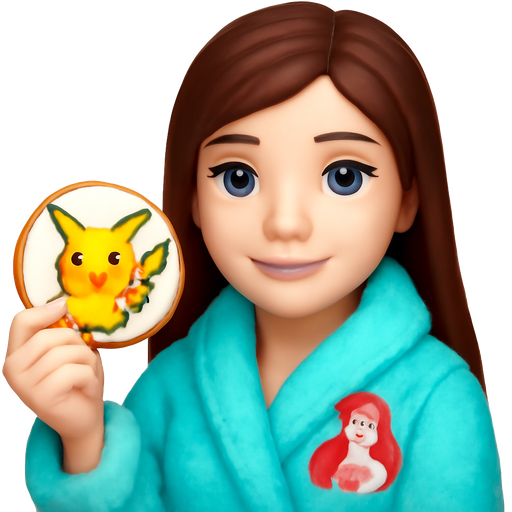A woman wearing an aqua colored fluffy robe showing Ariel the little mermaid, with white skin, long straight dark brown hair (with a slight reddish tint), blue gray almond shaped eyes, a friendly smile, a cute nose, wearing an aqua colored fluffy little mermaid robe, holding a cookie expertly decorated with pikachu