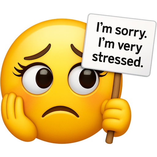 a pretty frustrated emoji with eyelashes holding a very small sign with small writing that says I’m sorry. I’m very stressed.