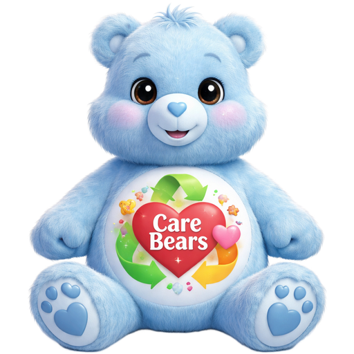Recycling Pastel Blue Care Bear with a Rainbow Recycling Sign and a Classic Care Bears Red Heart Logo That Reads “Care Bears” in White letters in the Middle with Hearts and Starbuddies Surrounding it on the Stomach Black Eyes and a Blue Heart nose
