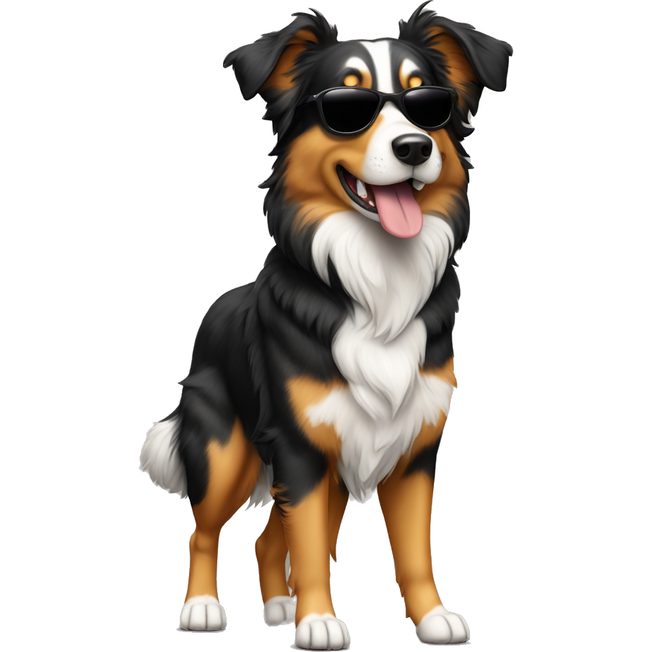 handsome Australian shepard dog standing on two feet upright. he has muscles and black sunglasses. he is slightly smirking