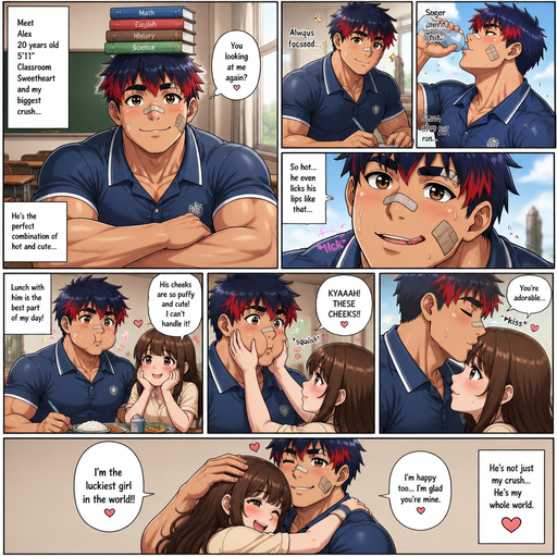 A Full page Anime Comic book story of the perfect combination of about of a masculine and Bulky ANIME Cute Bara Man American 20 year old with a ROUND and BASIC facial structure and TENAGE BARA CUTE MALE that is the perfect Combination of Attractive and Cute not to detailed With bigger than average Pecs that are visible through the shirt and Biceps and a big Bandaid on his nose and Left Cheek and Right Eye brow. Wearing a no piercings Baggy Cute and Perfect sized Polo shirt and Shorts and Navy Blue Hair and Bright Red Hair Tips and Strait with brown eyes and black eyebrows. Sitting down with his head still and his eyes looking up at you with a Hot, Cute and Dreamy smile And Balances Books on his head and doing other cute and Hot stuff in classrooms and Licking his lips Super Sweaty and Hot from his run outside And then Eating some food with his crush and she has cute aggression due to his puffy cheeks and the she squeezes his cheeks. And then he kisses her on the forehead and then she hugs him in happiness. Im so happy to have you
