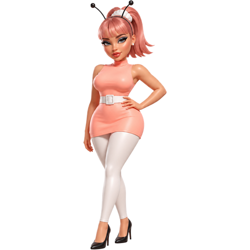 Andreina with a Fair-Light Neutral Natural Skin Tone and a Wide Lip Shape with a Doll Eyelash Style Set Up and a Coral Matte Lipstick with a Dark Blue Eyeshadow and a Steep Angled High-Arched Eyebrow with a Wide-Set Eye Shape and a Heptagon Face Shape with a Short Salmon Pink Ponytail Including Short Bangs With a White Scrunchie and Grey Eyes with a Sleeveless Salmon Pink Dress and a Thick White Belt with Long White Legging Pants and Black Heels and Black Antennae with a Luminous Glazed Complexion and a 3D Naturalistic Animation with a Mature Adult Curvy Toned Build and a Luxury Glossy with a Refined Pristine Set Up and a Theatrical Appearance