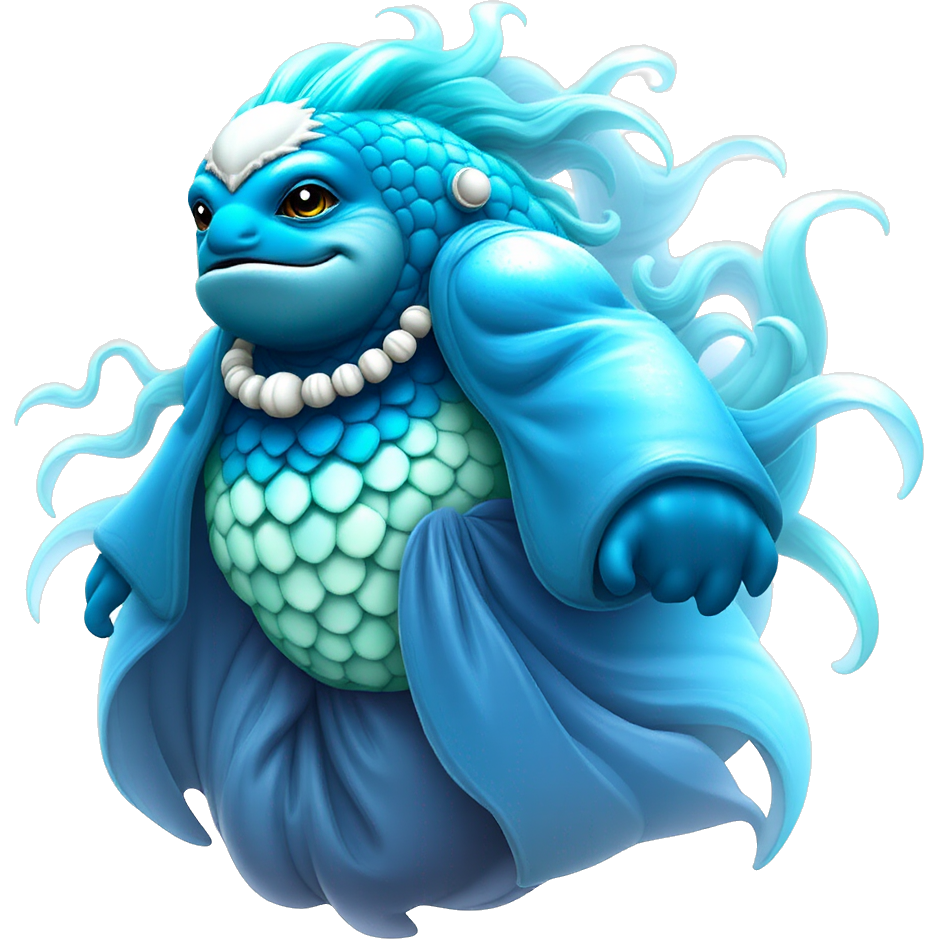 “Majestic water guardian” - an enchanting sea creature with shimmering azure scales, flowing kelp-like hair, adorned with seashell jewelry. This gentle giant dons a flowing robe made of translucent waves, with luminescent, bioluminescent patterns illuminating its form as it glides gracefully through the deep ocean currents.