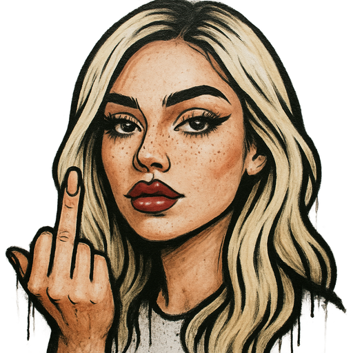 28 year old kind of a baddie with full but not too big lips a slight bumpy nose high cheek bones with freckles hazel eyes very long lashes winged eyeliner sparkly eyeliner and lips very fair skin with long slightly wavy ice blonde hair and dark roots parted to the side sticking up her middle finger