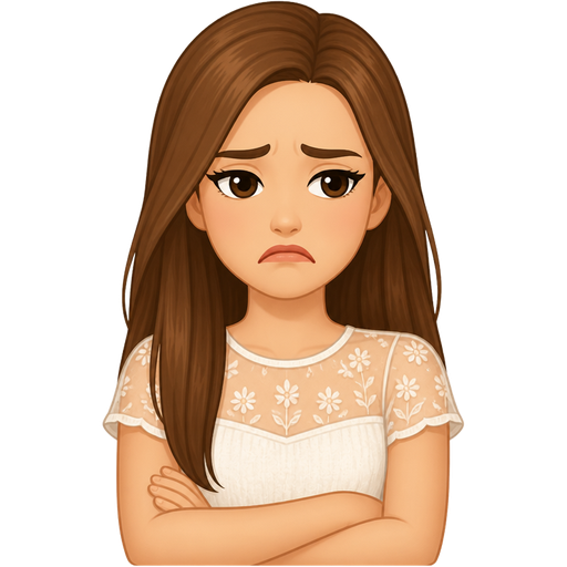 light skin woman with long straight chestnut brown hair wearing a summer illusion top short sleeves looking unhappy
