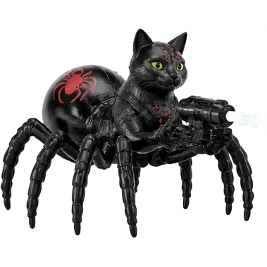 cat drider attack playset 3 wrapped up and mummified fully covered in a #B8FFFF spider slik cocoon shaped like fox arms behind back with #B8FFFF spider slik wrappings completely covered with thick layers non-transparent #B8FFFF spider slik wrappings hanging upside down from the ceiling 4 #B8FFFF spider webs 1 cat black widow drider with web shooter 5 #B8FFFF webbing missiles filled with light cyan spider slik ooze