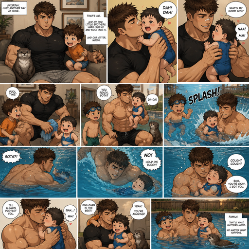 DETAILED AND LIFELIKE LONG Anime C A DETAILED AND LIFELIKE LONG Anime Comic Book story view of a Bulky but Muscular ANIME Cute Bara Man With Peach toned skin Who looks Normal aind round facial Structure and Basic facial structure With Puffy and Big Pecs that are visible through the shirt and Biceps and Bandaid on his nose and Brown short hair that makes them look tough. Wearing normal With his pet Grown and healthy realistic otter and 2 little brothers that are in different ages but young. At the house And the baby with his swimming suit on and already holding his hand he picks the little baby and Snuggles the baby and Kisses it and it Loves him back and doesn‘t know how to speak well so it makes him cuter before him and his brothers get into a pool. He saves the baby’s life.