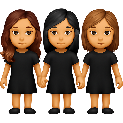 Three Asian girls holding hands, one with long brown balayage hair, one with medium black hair, one with light brown hair