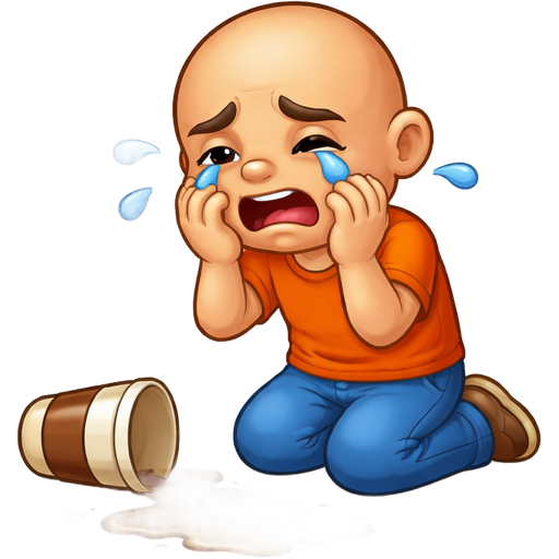 A bald guy kneeling on the ground, crying. There is a spilled cup of take-away coffee and a puddle of coffee on the ground in-front of him