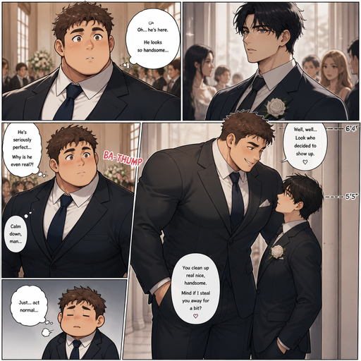 A DETAILED AND LIFELIKE ANIME Comic Book story view of a Big but Bulky ANIME Cute Bara Man With Peach toned skin Who looks Normal and 20 years old and round facial Structure and Basic facial structure With Puffy and Big Pecs that are visible through the shirt and Biceps and Brown short hair. Wearing a Suit and Had a Perfect Physique in it. At wedding and sees his crush and he looks so handsome he is 6’4 but his crush is 5’5 and fully grown and he tower over his crush when he flirts