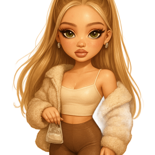 luxury glossy bratz-anime romantic aesthetic, warm cinematic glow, crisp clean detail, glossy glam skin. Green eyed Petite girl, fair skin with soft freckles, long wide face with tall forehead, honey-green almond wide-set upturned eyes, fluttery lashes, shimmer highlight, plush lips, bottom heavy lip, sweet Belle-princess vibe, long straight dirty blonde hair with visible light whiteish blonde highlights, softly defined feminine body, soft hourglass shape with full round bust, wearing oversized cream sherpa-lined teddy jacket hanging loosely off one shoulder, thin warm-ivory cropped camisole, high-rise mocha leggings, honey suede over-the-knee heel boots, tiny clear Sweetener bag, glossy lips with nude-caramel tint, long sleek wavy blonde hair half-up in sleek high pony with visible honey white highlights, diamond mini hoops glinting under soft snow lighting. Cozy romantic glow, soft warm lighting, pop-princess energy