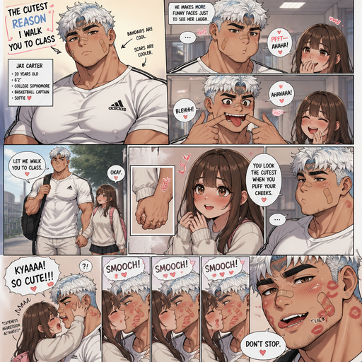A Full page Anime Comic book story about of a masculine and Bulky ANIME Cute Bara Man American 20 year old with a ROUND and BASIC facial structure and TENAGE BARA CUTE MALE not to detailed With bigger than average Pecs that are visible through the shirt and Biceps and Bandaid on his nose and Left Cheek and Right Eye brow warring but a huge Scare on his eyebrow down to his cheek. Wearing a no piercings Baggy White Adidas Athletic shirt and Short and White Korean Permed Hair and Light blue hair Roots and Strait with brown eyes and black eyebrows. And makes more funny faces just to see her laugh. And then. Let me walk you to class and holds her hand and she says you look the cutest when you puff your cheeks and she grabs his cheek and has cuteness aggression towards him and Kissed him several time with many kiss marks on his face. And he Licks his teeth and says “don’t stop”