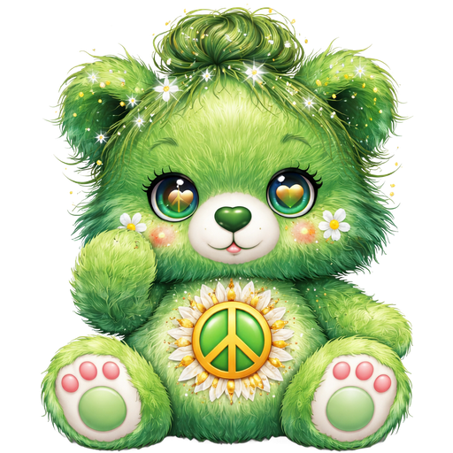 Self Care Dark Green and Light Green Ombré Pattern Fur Bear with a Dark Green Heart Nose with Dark Green Furry Cheeks with a Messy Bun Hairstyle with white spots and Sparkles on the head and various lines arranged into circles it and laying near the eyes with a Peace sign and heart in the pupils of the eyes with spots in the shape of 6 petals of a flower on each side of the cheeks with a light and dark green peace sign on a Sunflower with golden yellow outlines and and white petals with a green outline on the stomach with white paws and feet