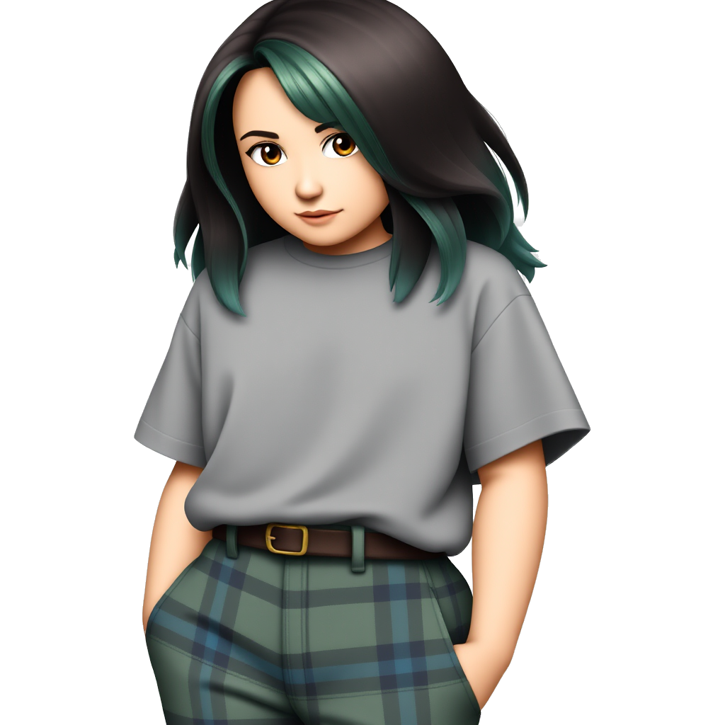 Large light green, dark blue, and blue tartan pants and greeebn oversized T shirt and dark brown hair with with water green highlights in the front strands and brown eyes