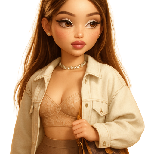 luxury glossy bratz-doll romantic aesthetic, warm cinematic glow, crisp clean detail, glossy glam skin. brown eyed Petite girl, fair skin with soft freckles, long wide face with tall forehead, honey-golden almond wide-set upturned eyes, attached ear lobe, fluttery lashes, shimmer highlight, plush lips, bottom heavy lip, sweet Belle-princess vibe, long straight brunette hair with visible light blonde highlights, softly defined feminine body, soft hourglass shape with full round bust, wearing a nude bralette with a floral mesh overlay with a light warm ivory oversized denim jacket half buttoned over it, light warm taupe over-the-knee pointed-toe stiletto boots, crossbody louis vuitton bag with tan straps and brown and blue-gray designing, white-gold jeweled patterned choker, top strands of hair pinned to the back leaving out soft tendrils, soft mauve plush lips, white-gold shimmer eyelid, white-gold stud earrings, holding the shoulder strap of her bag with a side eye. Cozy romantic glow, soft warm lighting, pop-princess energy