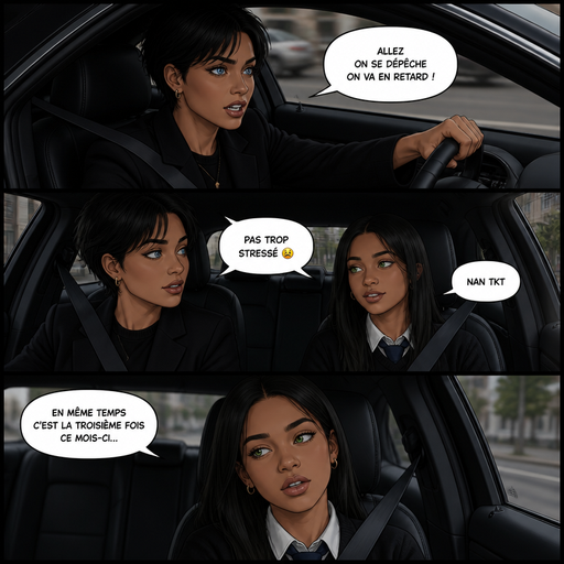 BD a trois grandes bandes. La première c’est une mère métisse qui a les cheveux courts noirs et les yeux bleus elle est habillée tout en noir et elle court dans une voiture noir elle dit allez on se dépêche on va en retard dans la deuxième bande elle est la avec sa fille qui est en 3ème sa fille est métis yeux verts et cheveux noirs et lisse la mère dit pas trop stressé 😣 et la fille lui répond nan tkt et la dernière bande la fille encore dans la voiture avec sa mère elle dit en même temps c’est la troisième fois ce mois-ci