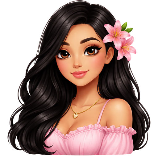 So olive tone light skinned girl , with black eyes ,and black hair soft Street Volume and long hair, pink lilies in her hair close her ear, and wearing pink baby doll also Gold necklace.