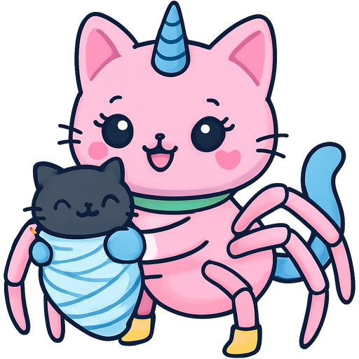 giant pink cat spider hybrid with blue unicorn horn green collar blue eyes with eyelashes heart shaped cheeks white wrists blue gloves white ankles yellow boots blue tail and with white stripe pink spider legs happy hugging #B8FFFF cocoon slikworm cocooned pod black cat happy covered with #B8FFFF huge coating of #B8FFFF spider slik and huge #B8FFFF spider slik wrappings and huge #B8FFFF spider slik webbing wrappings cocoon #B8FFFF