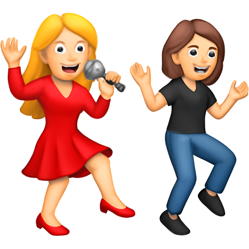 A girl in a red dress dancing with long blonde hair and she is white and she has a microphone and another girl on the side dancing to her music and she has brown hair and she’s white
