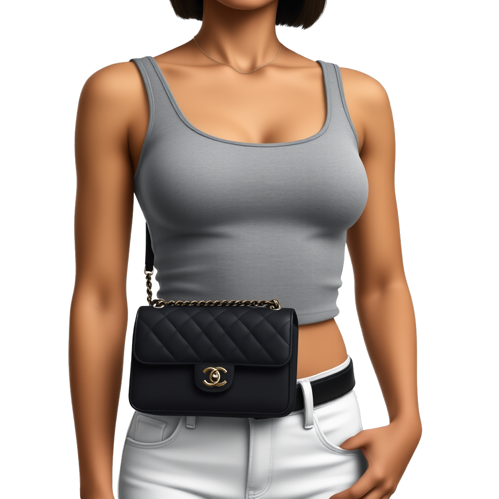Body of a thin woman with medium breasts dressed in a gray tank top, light jeans pants and a black Chanel bag