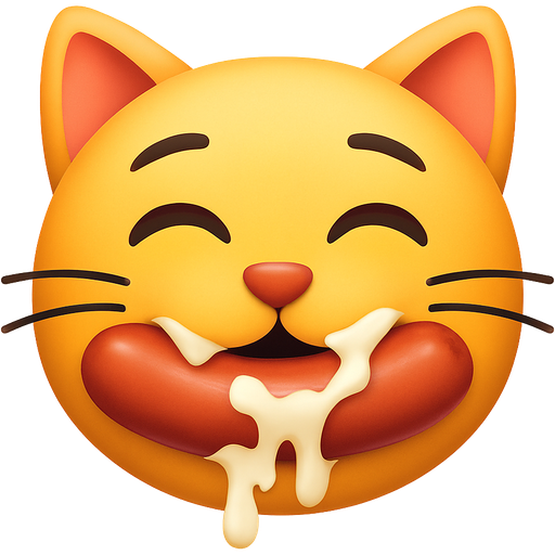 Happy cat emoji face eating sausage straight from mouth, with cream dripping form mouth, cream on face like tasty expression