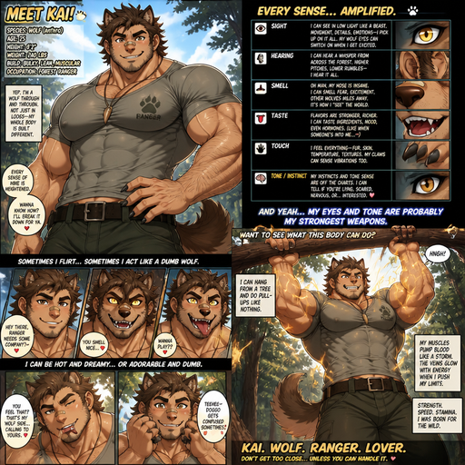 An Anime comic book of a Bulky and Slim and Small Waist and Huge Biceps but Muscular and more Muscle than Fat ANIME Cute Bara Man with Peach toned skin Who looks Normal and American with a round facial Structure and Basic facial structure With Puffy and Big Pecs that are visible through the shirt and Biceps and Bandaid on his nose and is Hot and Cute. And he has anthropomorphic wolf features like a Wolf tail and Ears and Teeth and more body hair and a little bit more Hair on his head and has claws and no human ears and more hair on his head but still short and can change eyes from human to wolf when he flirts and gets excited and sometimes will act like an adorable dumb wolf, and sometime acts attractive Hot and dreamy and licks a Fang. explains each sense in his body is heightened and his eyes are on of them and his tone is another. And Shows strength by hanging from a tree and doing a fee pull ups and and the veins through his arms course with yellow synergy