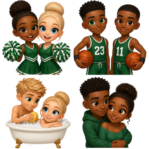Black girl brown eyes hair on a clean bun blonde girl blue eyes hair in a clean bun both in a green cheer uniform 2 black boys both holding a basket ball in a green basketball uniform boy with green eyes bathing blonde girl boy with brown eyes dating black girl cute