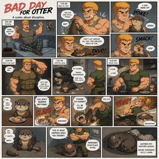 A Full page Anime Comic book story about of a Bulky ANIME Cute Bara Man American 20 year old with a ROUND and BASIC facial structure and Young Adult BARA CUTE that is Peach Toned skin not anything else MALE not to detailed With bigger than average Pecs that are visible through the shirt and Biceps and a big Bandaid on his nose and Left Cheek and Right Eye brow with Scars all over his Chest and arms. Wearing a Tight Military Green Top that is tight around the waist and Baggy Camo Cargo pants drenched in sweat and Short and yellowish orange Hair and Bright Gold Fluffy Hair and Strait with brown eyes and black eyebrows with a Three finger Slash on his Eyebrow. With no Facial Hair. Waking up in the morning in pajamas and his pet otter but Excessively bully’s it. And when he comes back from work he sees the otter right we’re he left him with trash around him and made a mess. He makes dinner and the Otter doesn’t even eat dinner and cries and asks for some and the looses a tail. And the otter Receives Discipline that otter gets a bald spot from