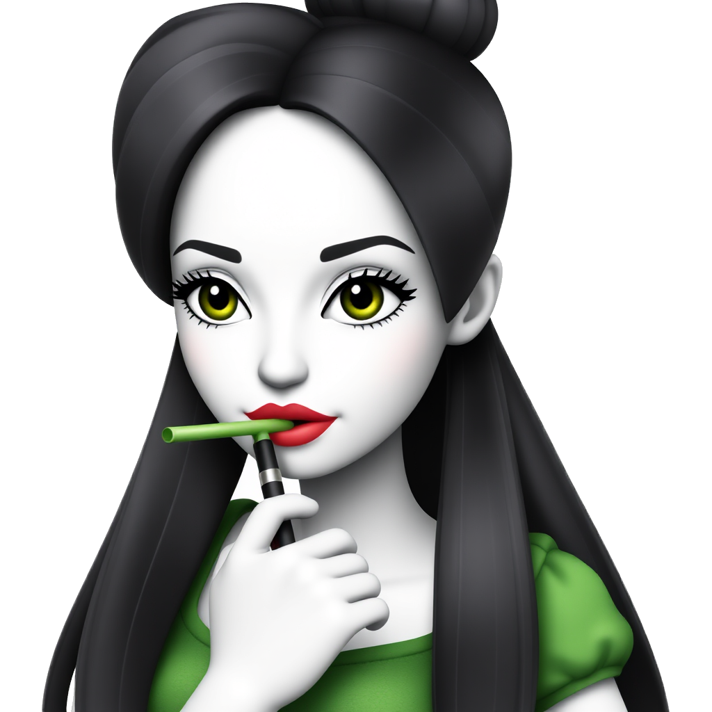 asian mean girl, bratz style, white skin and black hair with bun, green clothes, long lashes and makeup, and juul.