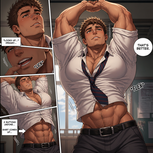 A Anime comic book of a Hunky and bulky but Muscular and more Muscle than Fat ANIME CUTE Bara Man Who looks Normal and American but Manly Features and Fluffy and strait Brown Hair with a round facial Structure and Basic facial structure With PUFFY and BIG Pecs that are visible through the shirt and Biceps with a cut on his nose. Wearing a baggy School Uniform. He Stretches with interlocked fingers both arms up. And He unbuttoned 2 buttons and and looks up and dreamy and Irresistible. And he licks his teeth. And flexing a roos off the sleeves and he says that’s better. And his abs show cause his shirt comes up, and slouches back while standing up and Holds his belt