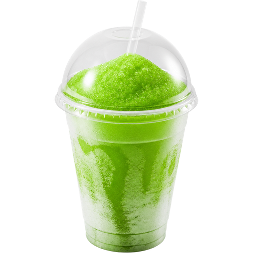 Green Apple Lime Soft Shaved Ice Slushie in a White Plastic Cup and Plastic Dome Lid with a Straw Mixed in with Extra Syrup