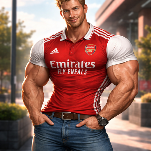 Buff, Hot and Sexy American with Humongous Pecs and Biceps. In a Arsenal FC Jersey and Jeans with his hands in his pockets