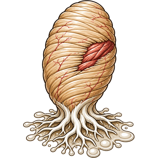 A fibrous, ribbed beige cocoon tiny red veins and tiny muscular tissue The structure anchors itself via a network of white roots and organic fluids.