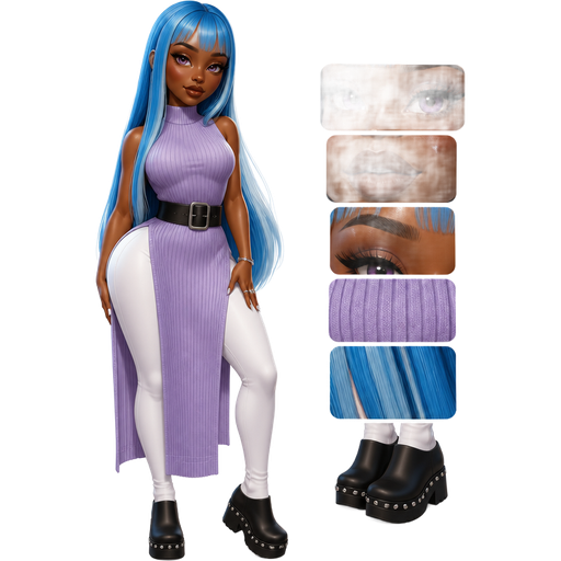 Blisstina Utonium With a Dark-Deep Cool Walnut Skin Tone and a Heart Lip Shape with a Squirrel Eyelash Style Set Up and a Warm Brownie Matte Lipstick with a Beige Eyeshadow and a Modern Tail-Arched Eyebrow with a Wide-Set Eye Shape and an Oblong Face Shape with Long Neon Cyan Blue Hair Including Bangs with Light Pastel Blue Highlighted Streaks and Purple Eyes with a Long Lavender Purple Ribbed Knitted Sleeveless Dress With a Thick Black Belt and Long White Legging Pants with Black Clog Boots and a Luminous Glazed Complexion with a 3D Naturalistic Animation and a Mature Adult Curvy Toned Build with a Luxury Glossy and a Refined Pristine Set Up with a Theatrical Appearance