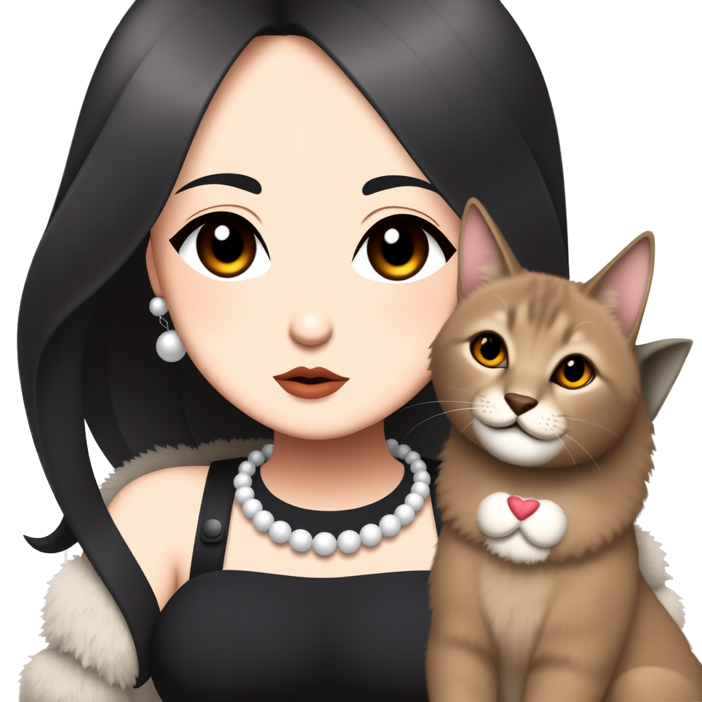 Girl with black hair and brown eyes with a mole next to the lips and brown glossy lips and wearing a fur coat with pearl necklace and and pearl earrings and black tank top and having a long hair waved and holding a brown cat