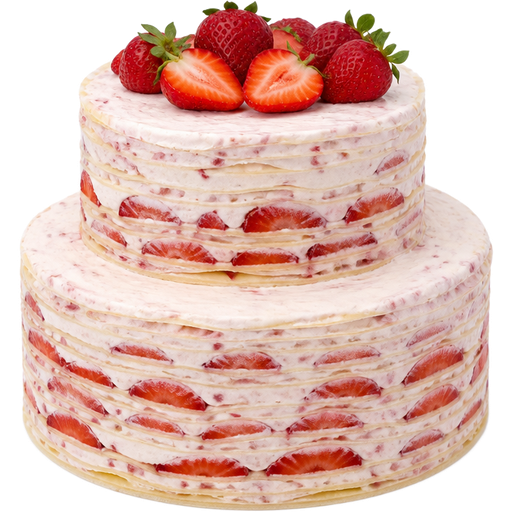 Whole 2-Tier Strawberry Crepe Cake with Vanilla Frosting Mixed with Strawberries and Strawberry Slices Layering it