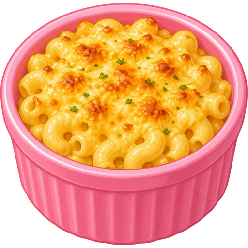 ghibli style | color #FF69B4 mini ceramic ramekin | baked mac and cheese inside ramekin | view: high-angle + front center + close-up